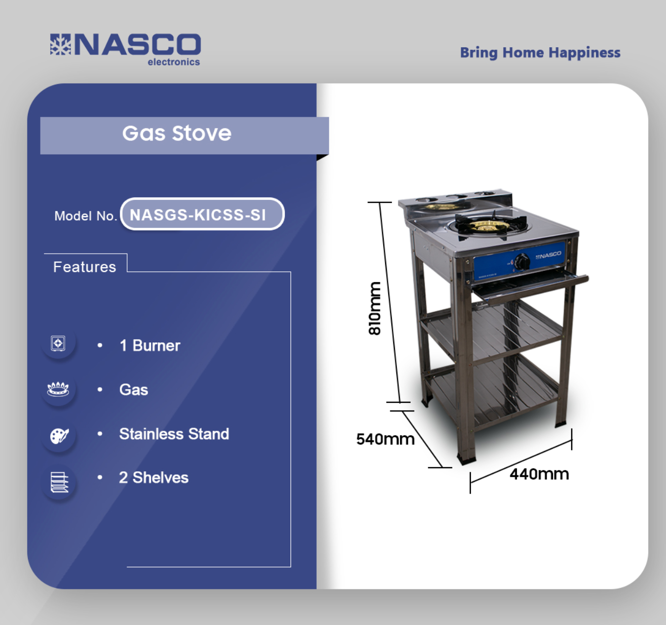 NASCO RÉCHAUD A GAZ AVEC TABLE - 1 FEUX – NASGS-K1CSS-SI