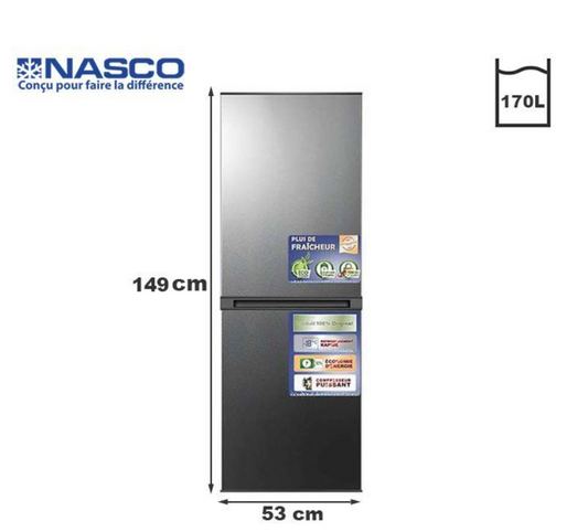 NASCO Refrigerateur Combine - 170 L - 2 Tiroirs + 1 Petit Casier - Avec Cle - Gris –  NASD2-220K