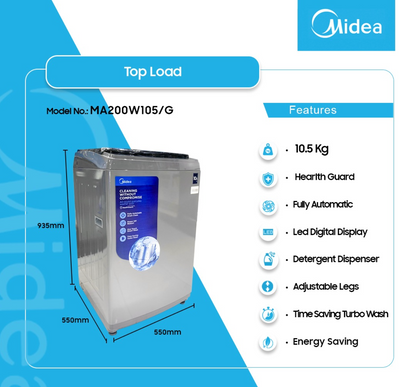 MIDEA MACHINE A LAVER - 10.5KG - TOP LOAD - GRIS - HEALTHGUARD - HYGIENE + - MA200W105/G