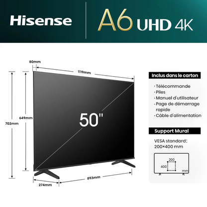 HISENSE TV LED SMART VIDAA 50'' - 4K UHD - 50A6N