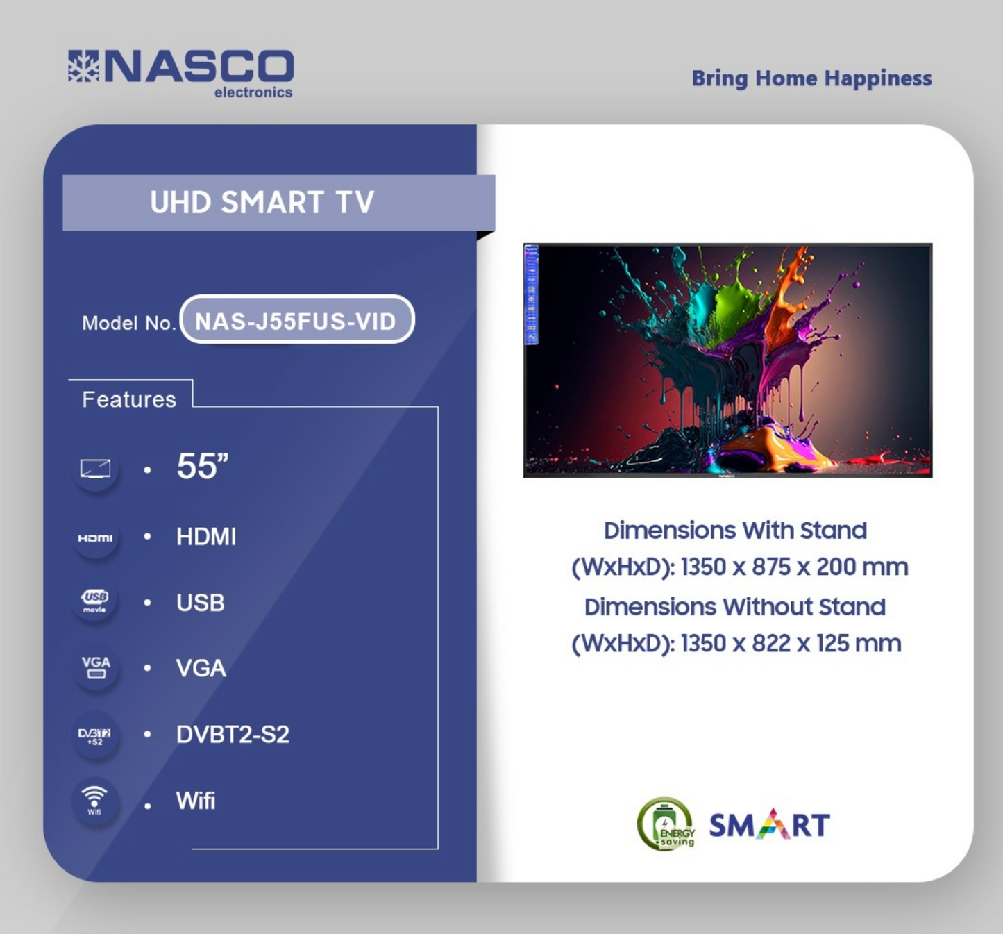 NASCO TV SMART LED VIDAA 55'' - 4K UHD - NETFLIX - WIFI - NAS-J55FUS-VID