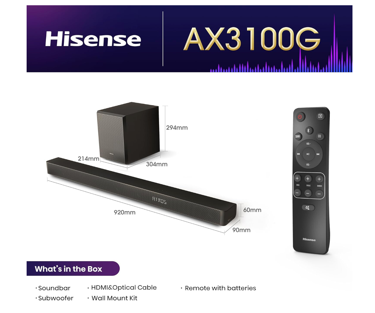 HISENSE BARRE DE SON - 280W - DOLBY ATMOS - DTSX - SANS FIL - AX3100G