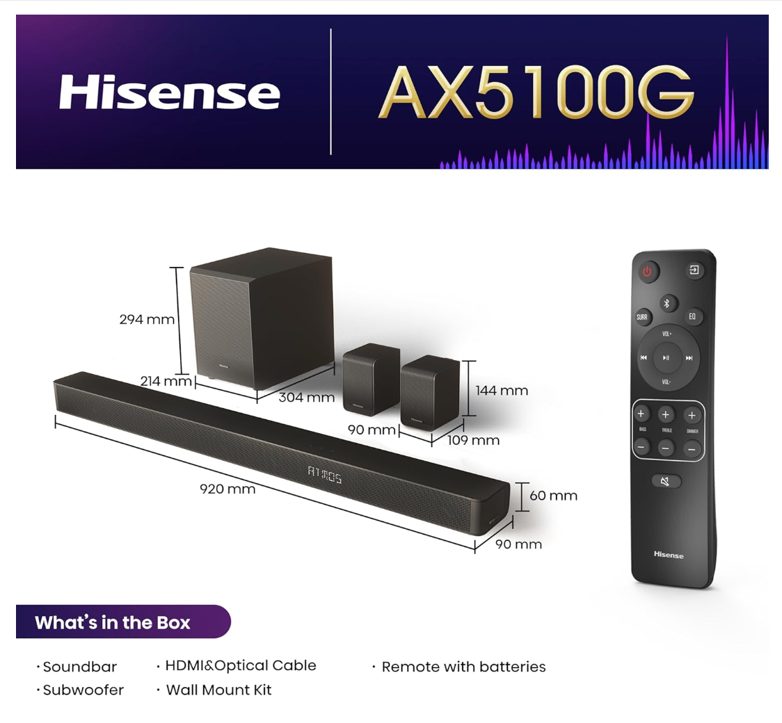 HISENSE BARRE DE SON - 340W - DOLBY ATMOS - DTSX - SANS FIL - AX5100G