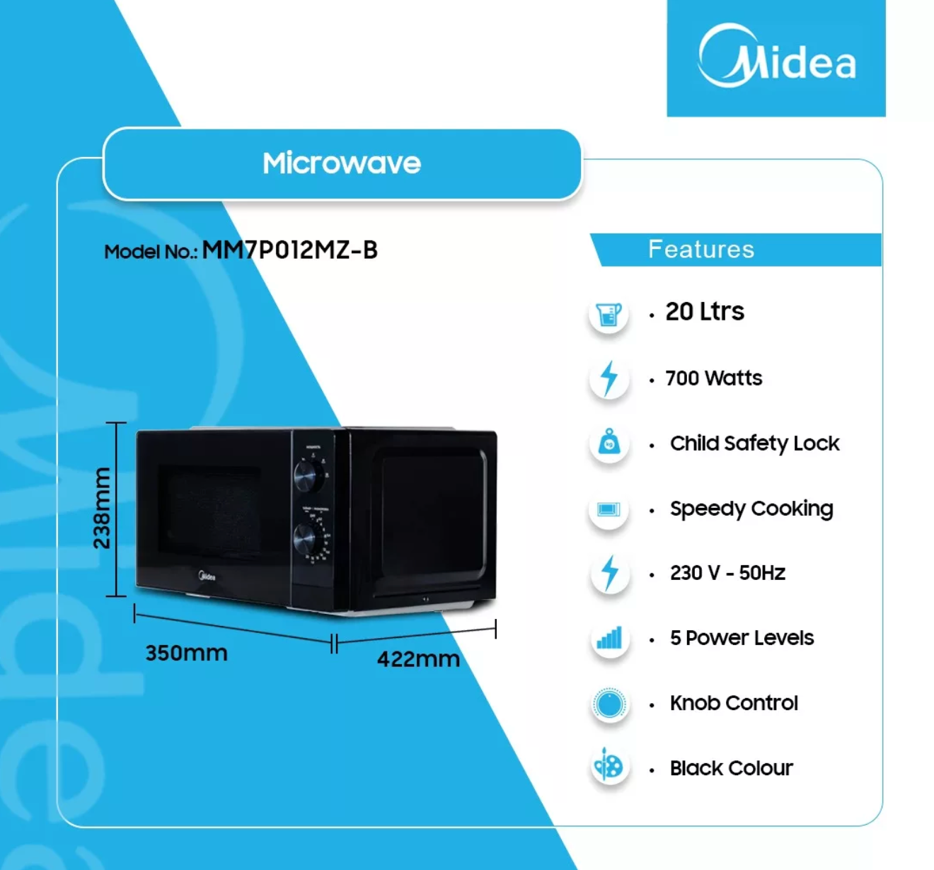 MIDEA FOUR A MICRO-ONDE - 20L - INVERTER QUATTRO - 700W - MM7P012MZ-W / MM7P012MZ-B